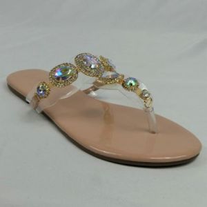 16236-LADIES T-STRAP SLIPPERS WITH MULTI COLOR STONES