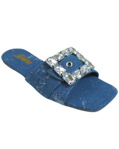 17994 WOMEN'S DENIM FLAT SLIDE SANDAL WITH RHINESTONE BUCKLE DETAIL